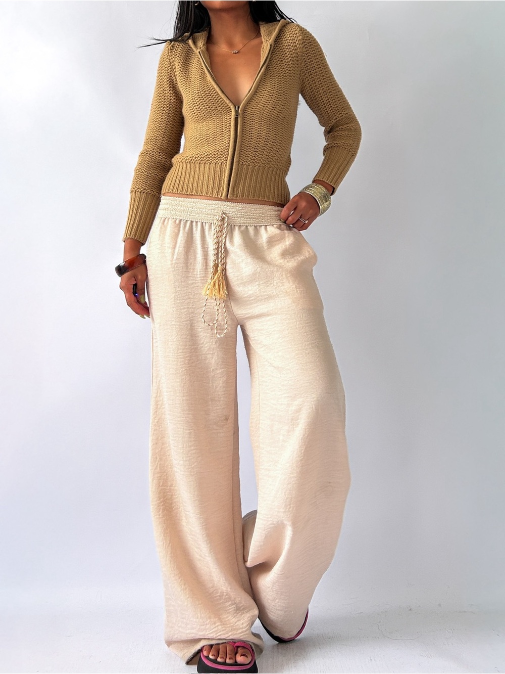 Cropped Zip-Up Hoodie in Tan for Women